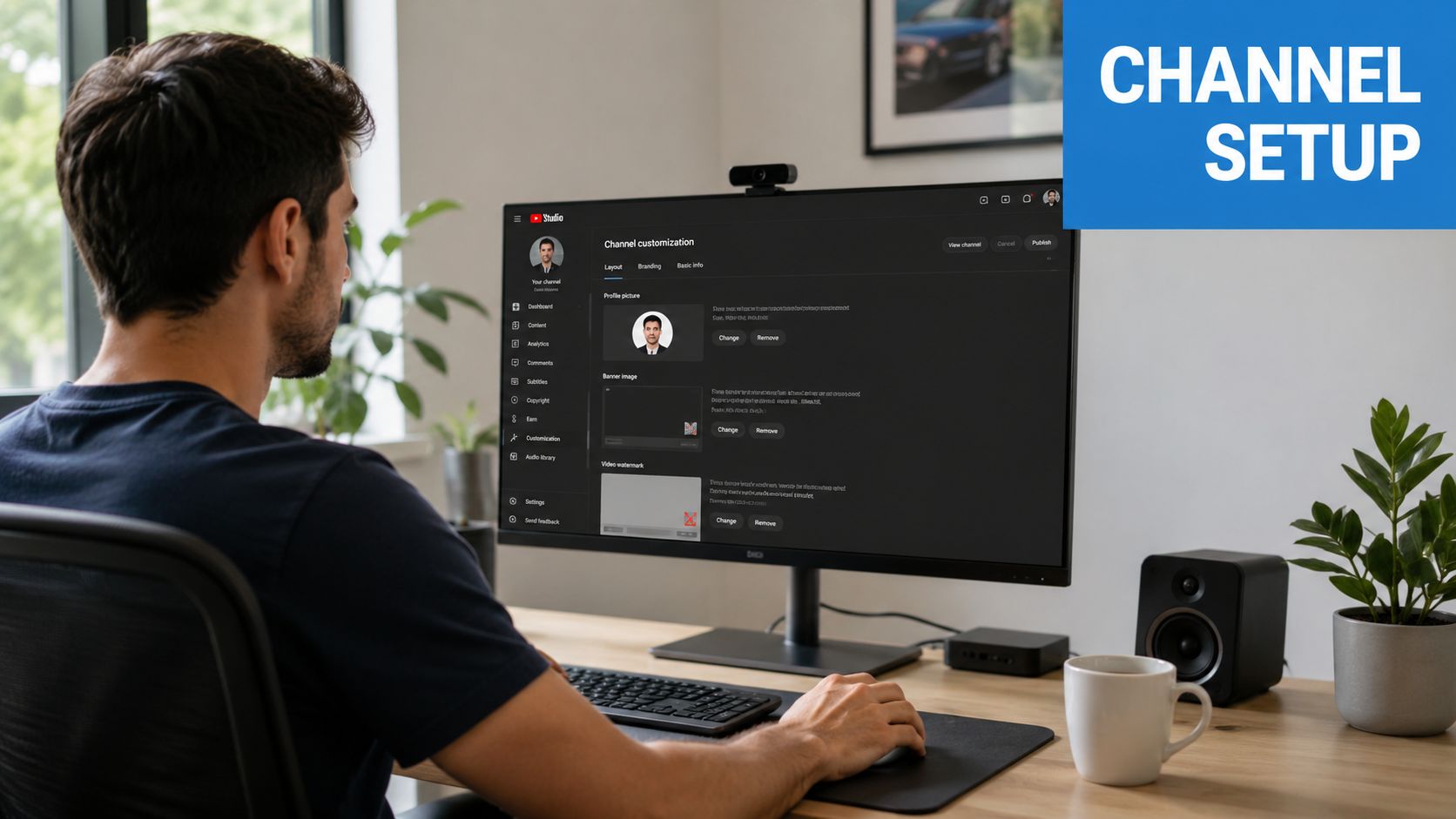 A person working at a desk, customizing their YouTube channel settings on a computer monitor.