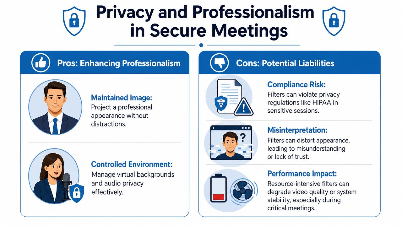An infographic illustrating the pros and cons of using virtual camera filters in professional secure meetings.