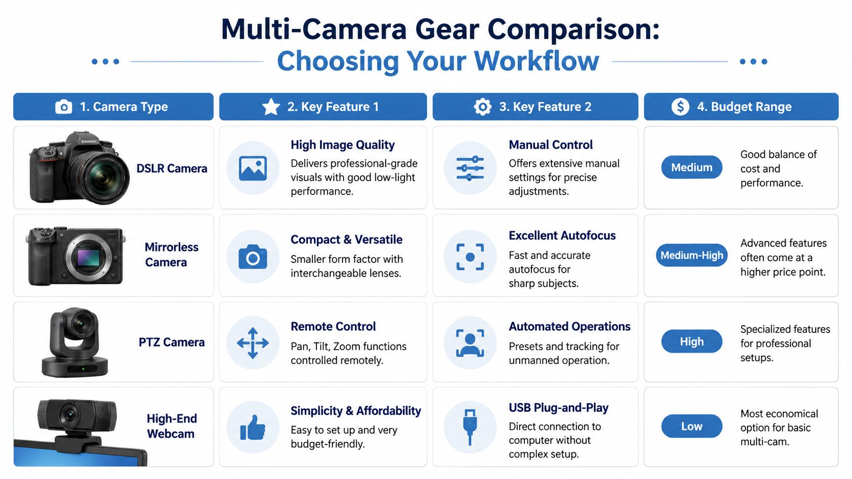A comparison chart outlining different camera types for multi-camera setups, including DSLRs, mirrorless, PTZ, and webcams.