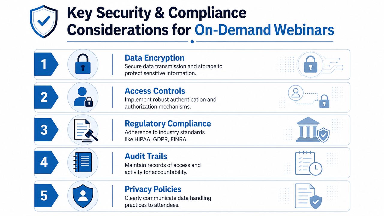 A list of five essential security and compliance considerations for hosting professional on-demand webinars.