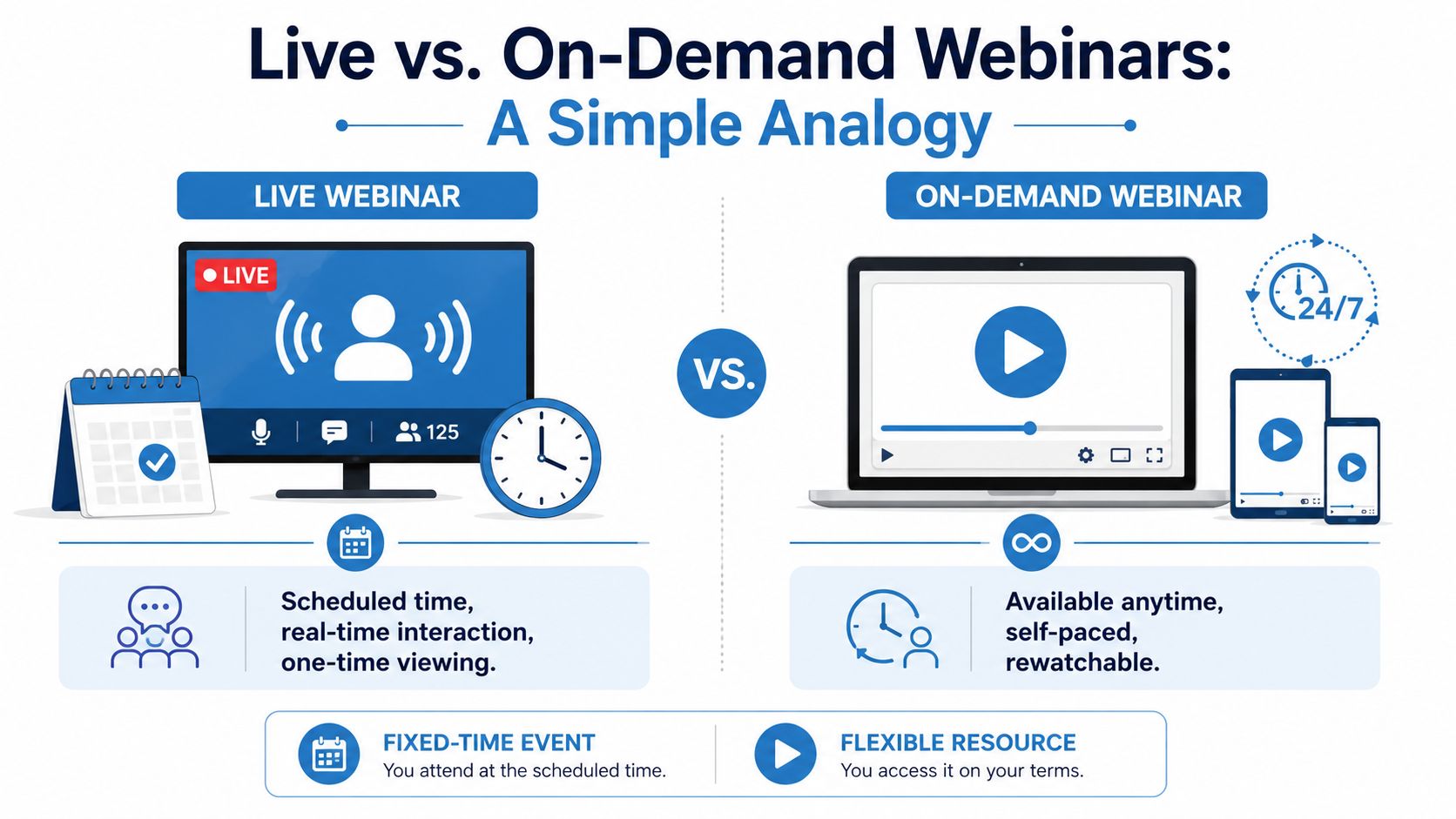 An infographic comparing live webinars with fixed scheduled times versus on-demand webinars available at any time.