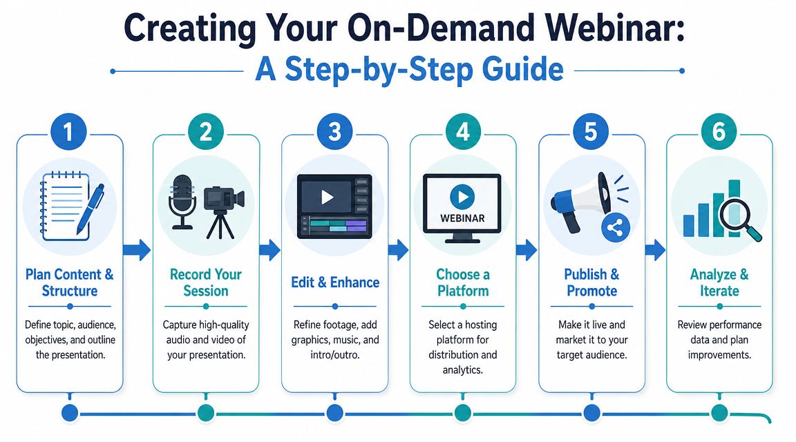 A six-step infographic illustrating the professional process for creating and distributing an on-demand webinar.