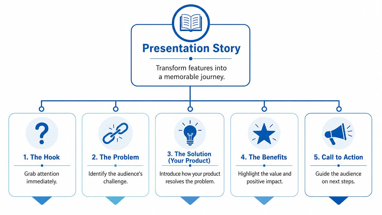 An infographic titled Presentation Story outlining a five-step framework for creating memorable product presentations for audiences.