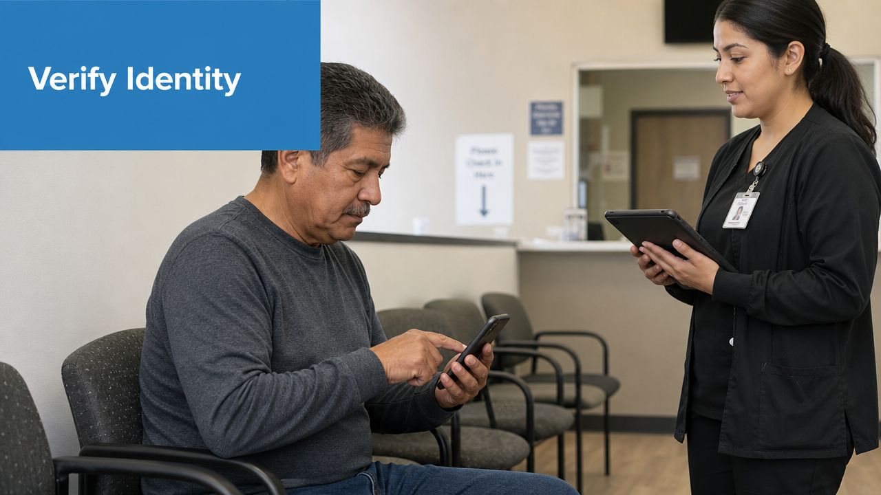 A male patient using a mobile phone to verify his identity while a medical assistant holds a tablet.