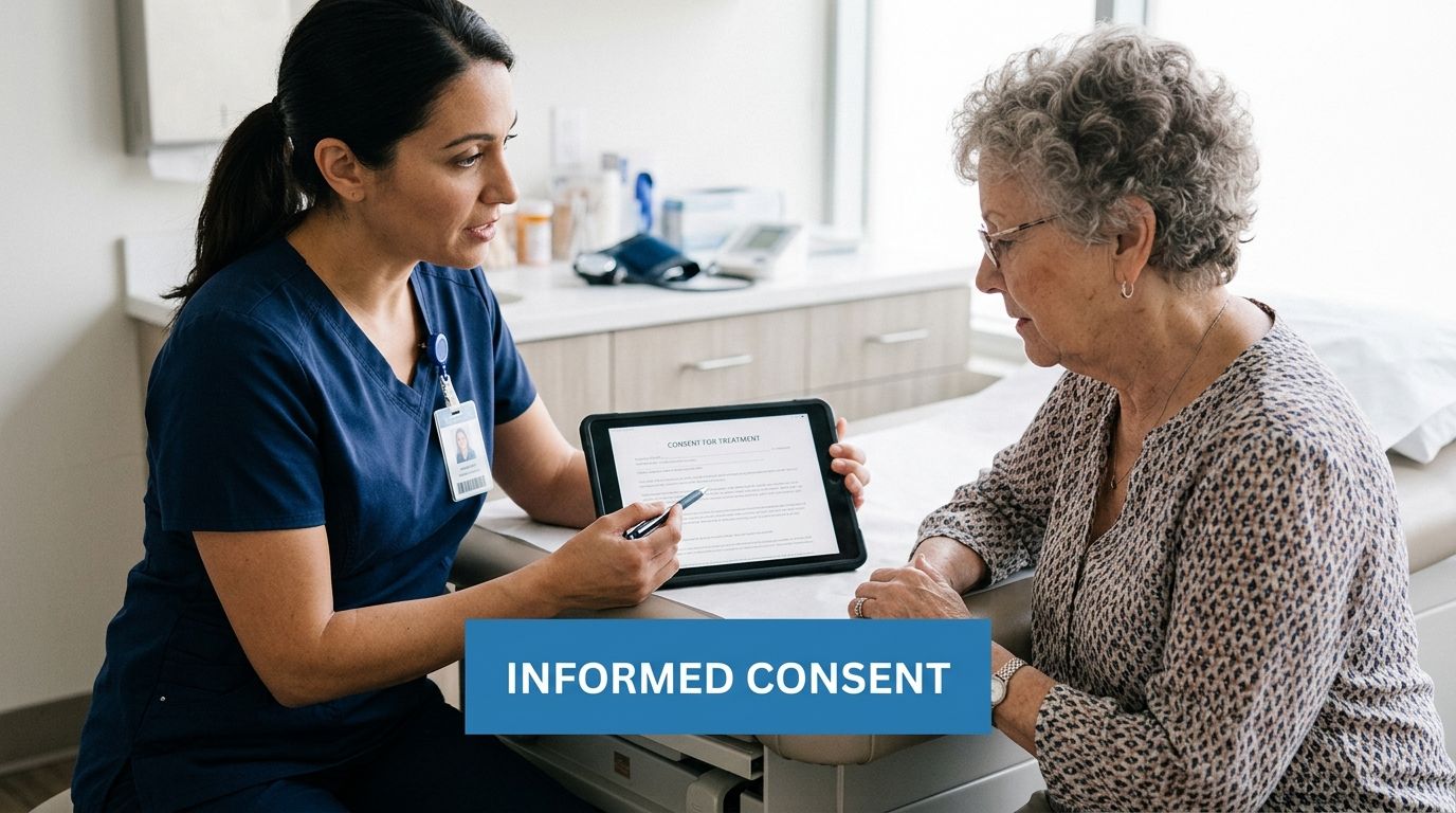 A healthcare professional explaining a digital informed consent document on a tablet to an elderly patient.