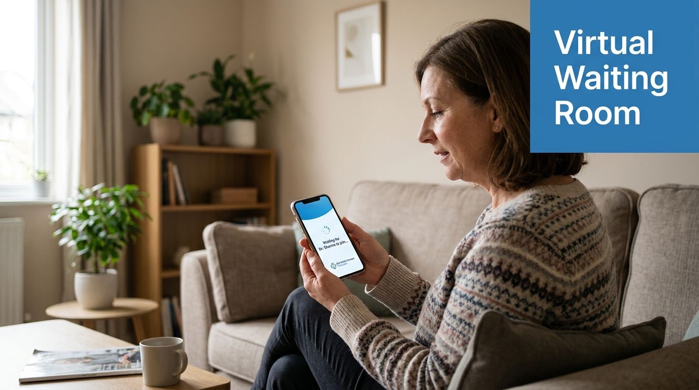 A woman sitting on a sofa using her smartphone for a virtual telehealth consultation at home.