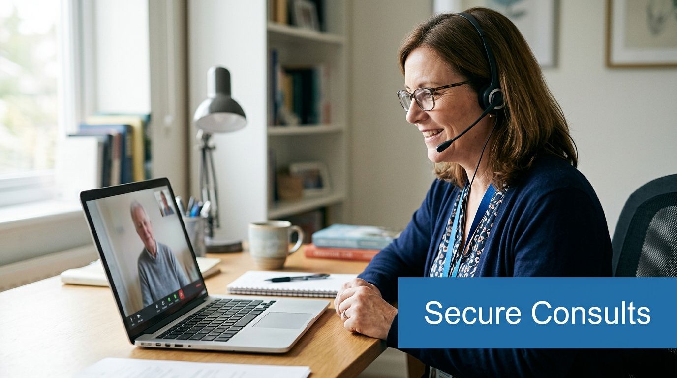 A professional woman wearing a headset participates in a secure telehealth video consultation on her laptop.