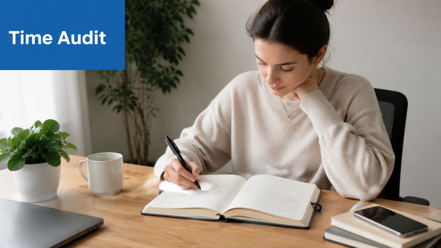 A woman focused on time management sits at a desk writing in a notebook for an audit.