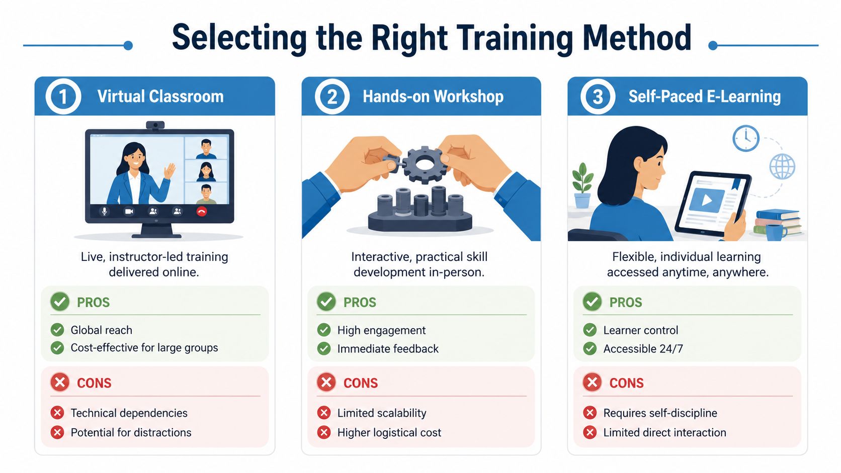 A comparison chart outlining the pros and cons of virtual classrooms, hands-on workshops, and self-paced e-learning methods.
