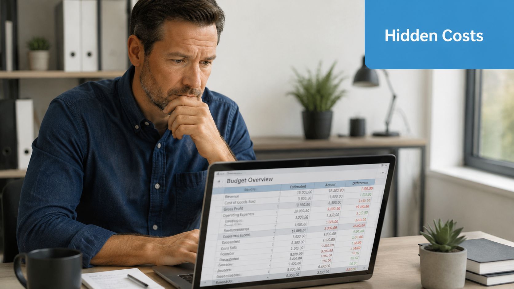 A focused man looking at a laptop screen displaying a business budget overview with financial data.