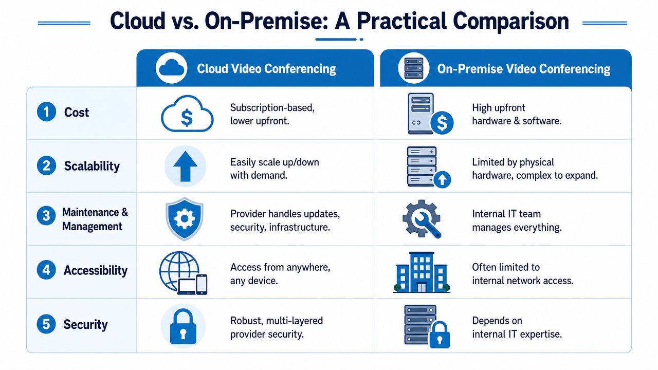 A comparison chart outlining key differences between cloud-based and on-premise video conferencing solutions across five categories.