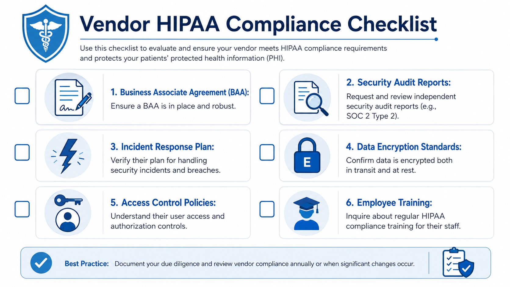 A vendor HIPAA compliance checklist for evaluating and ensuring healthcare data privacy and security standards are met.