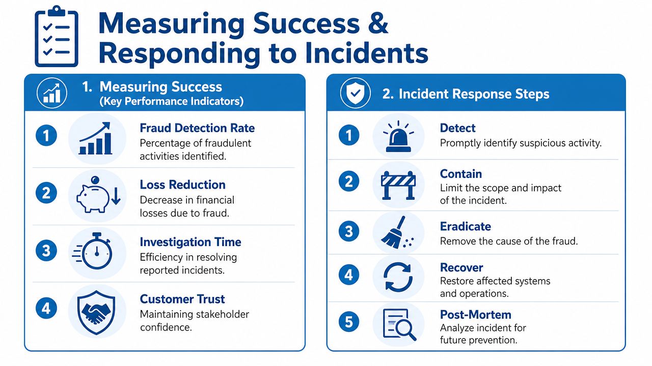 A structured guide outlining key performance indicators for measuring fraud success and steps for incident response management.