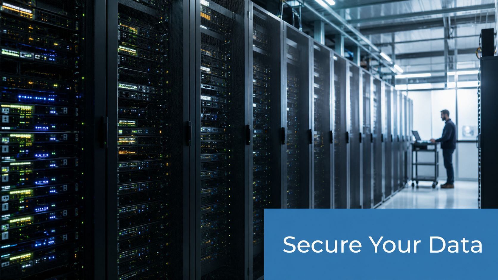 A technician works on a laptop in a modern data center with many server racks visible.