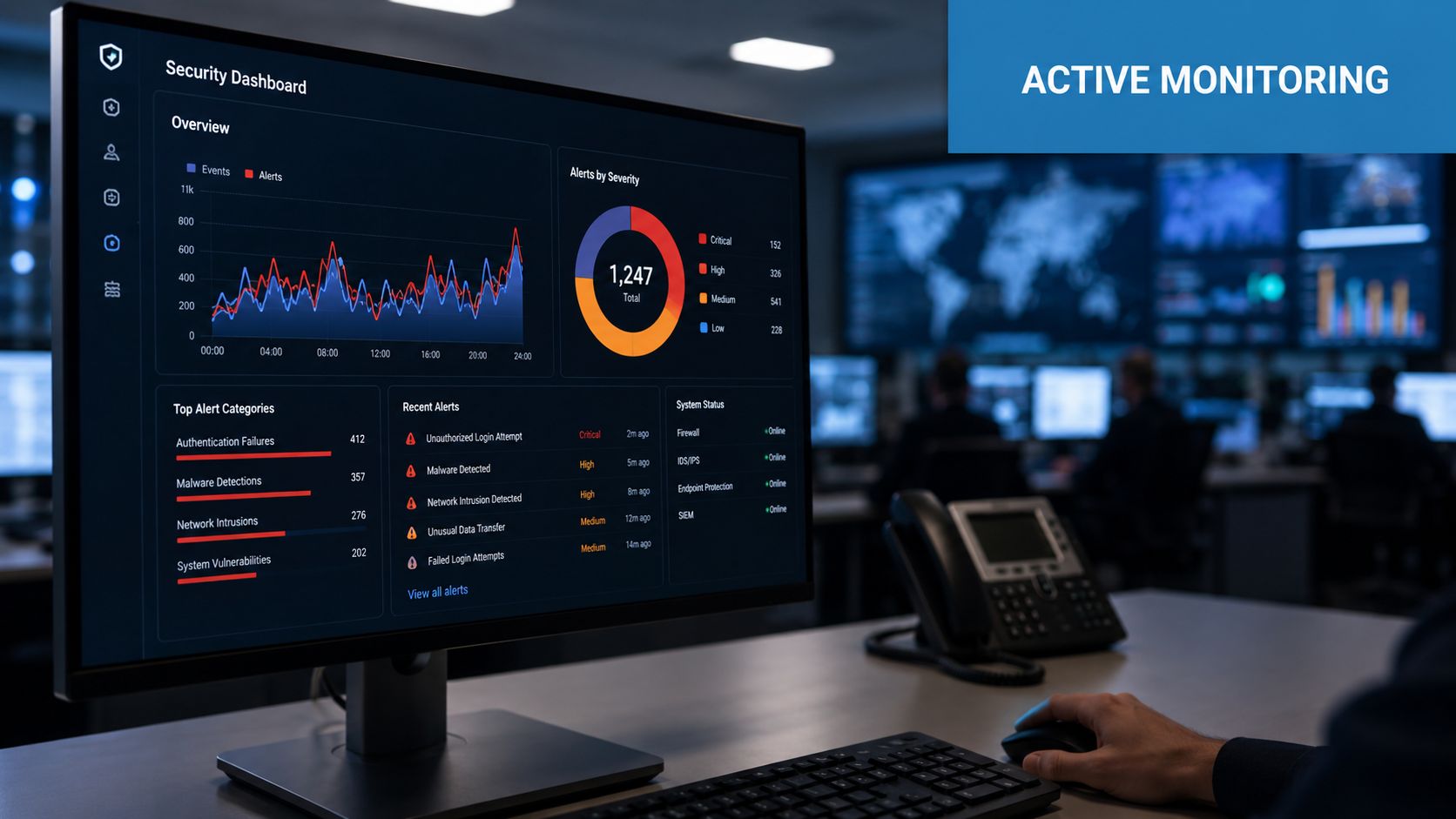 A cybersecurity professional monitoring a dashboard displaying real-time security alerts and system health status indicators.