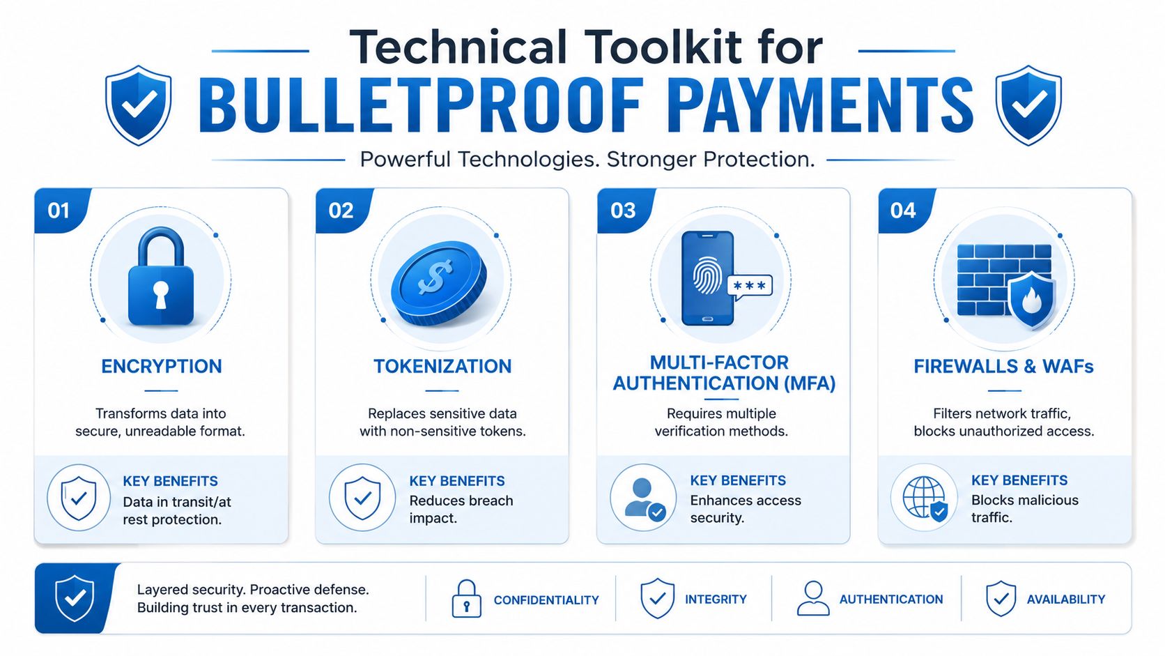 A technical infographic titled Technical Toolkit for Bulletproof Payments illustrating four core cybersecurity strategies for payment protection.