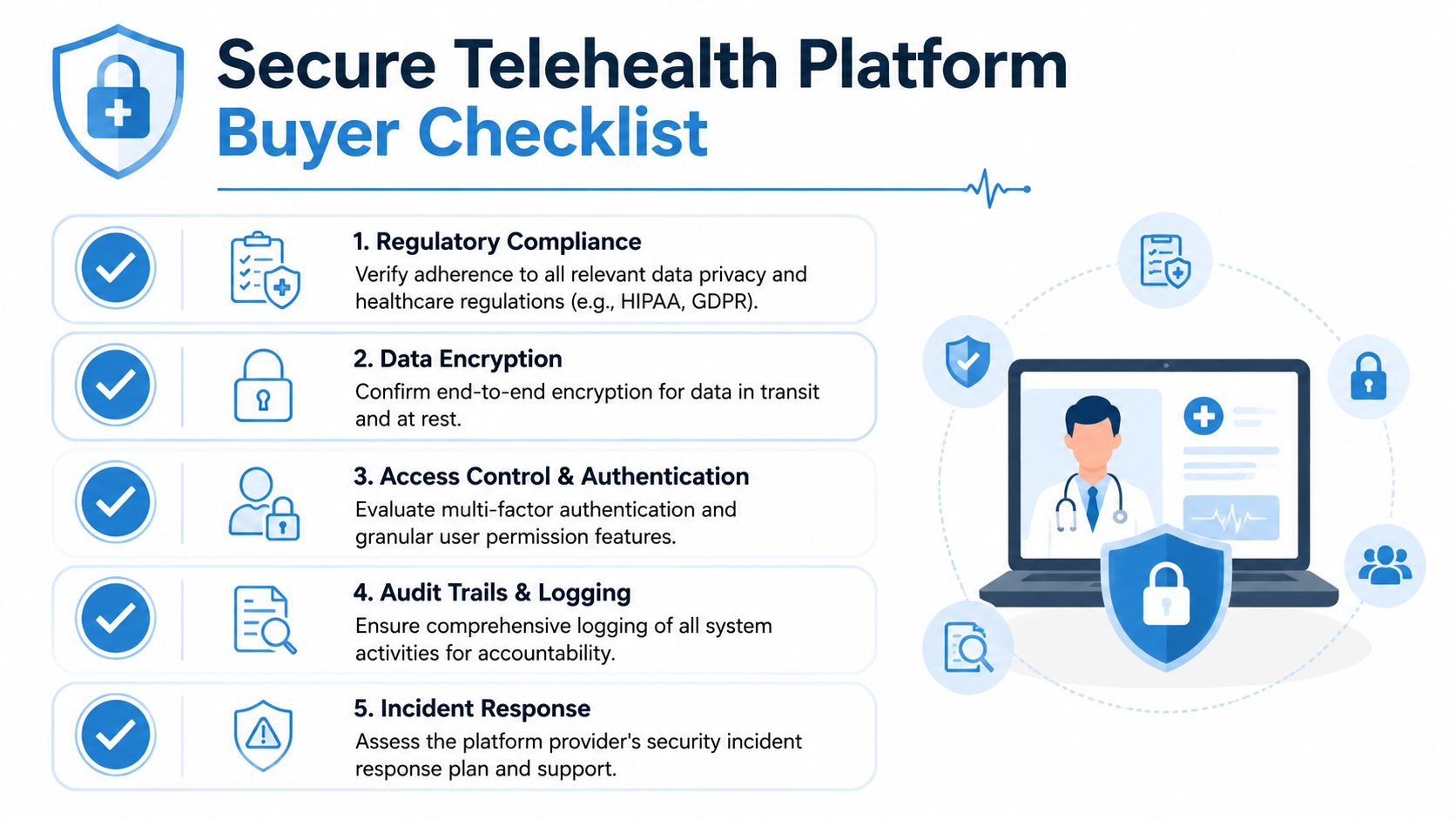 A checklist for selecting a secure telehealth platform featuring five essential security and compliance criteria for healthcare.
