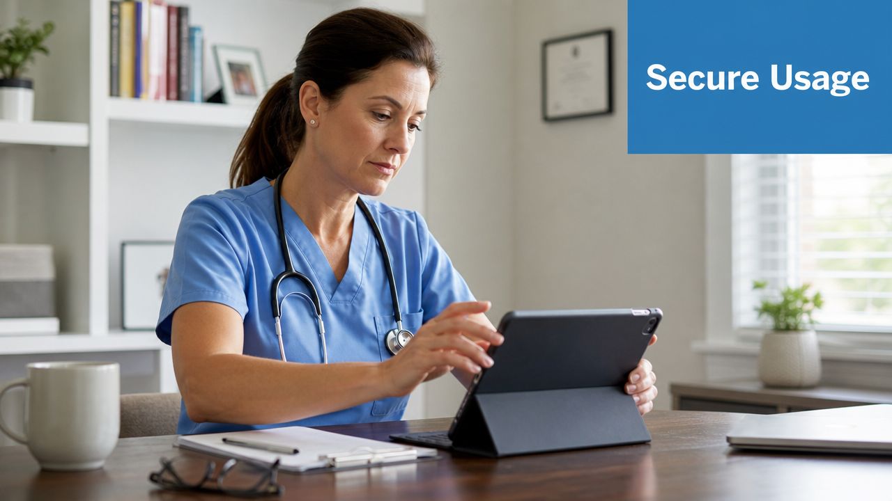 A female nurse wearing blue scrubs using a digital tablet at a desk for secure telehealth.