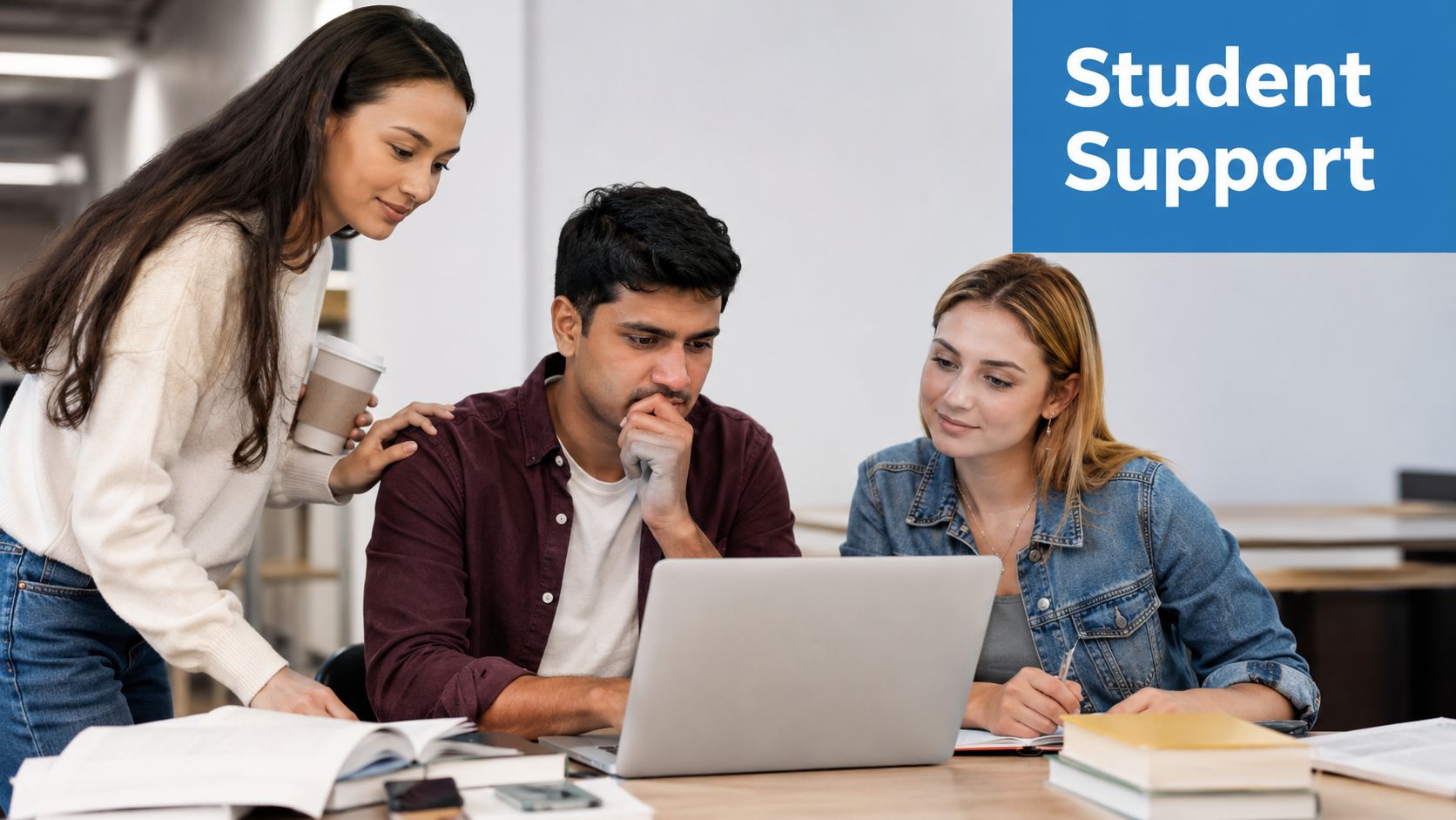 A group of diverse university students collaborating while studying together on a laptop in a library.