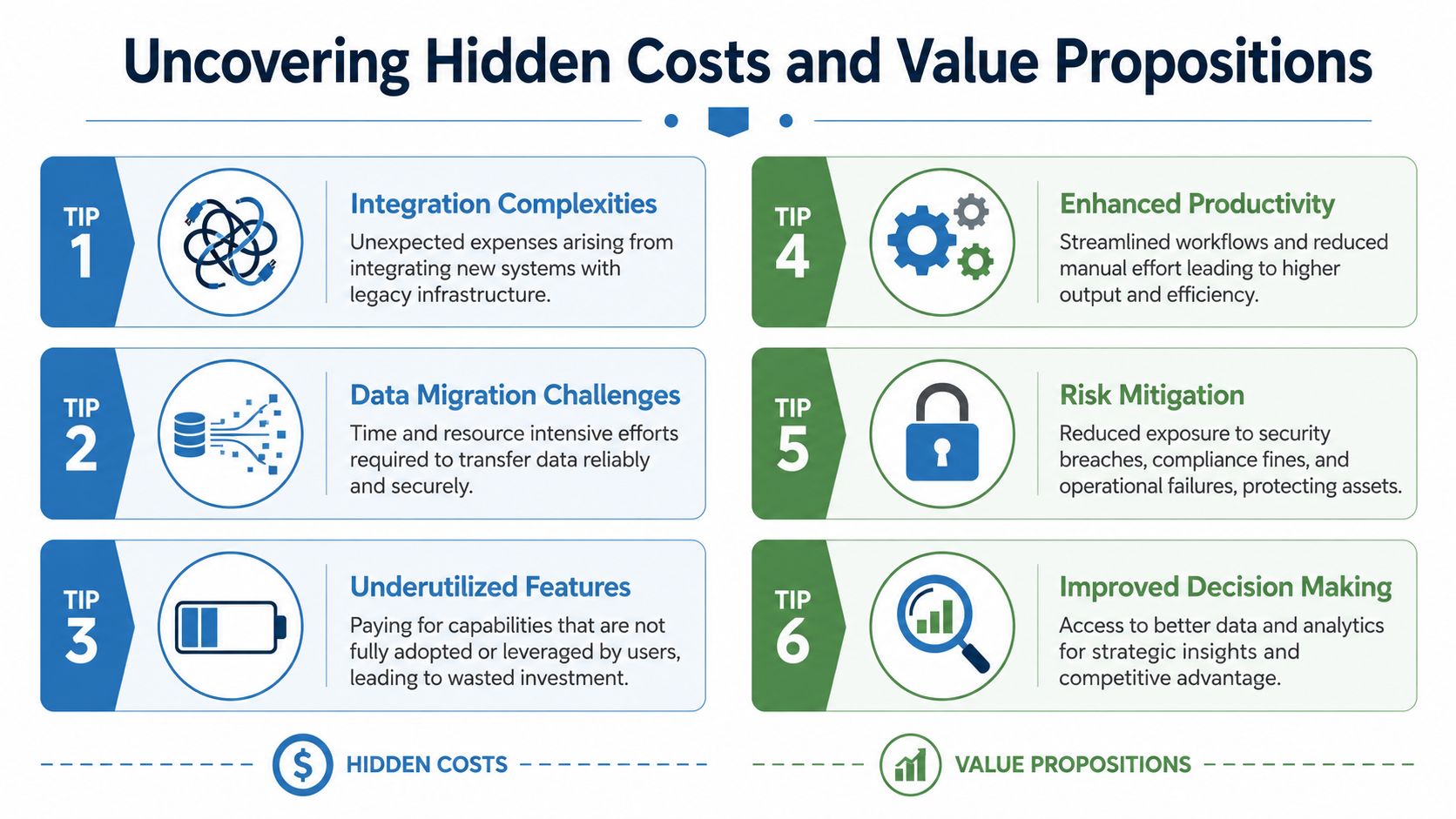 A visual guide illustrating three hidden costs and three value propositions for business software investments.