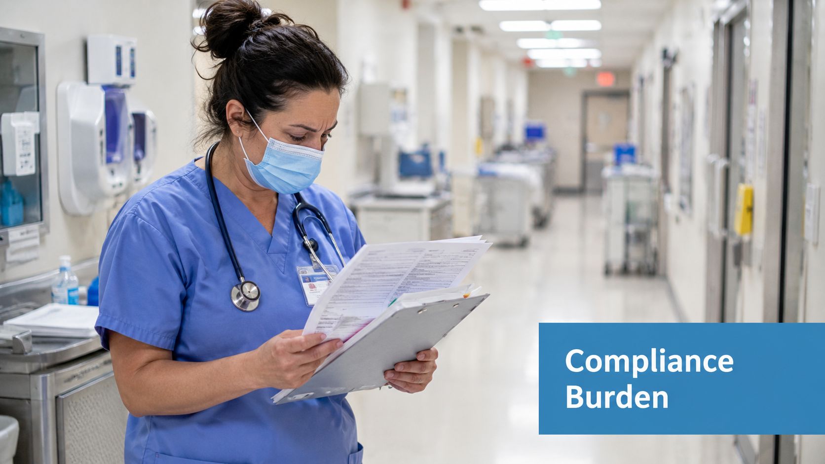 A healthcare worker wearing a mask and scrubs reviewing medical documents in a hospital hallway.